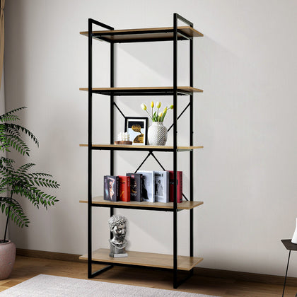 5 Tier Bookcase Bookshelf Industrial Wooden Storage Shelf Metal Frame 180cm UK