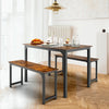3 PCS Brown Dining Table Set Dining Table & 2 Benches Kitchen Space-Saving