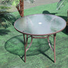 Brown 105cm Garden Table Round Tempered Glass Top Dining Table with Parasol Hole