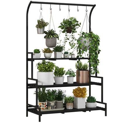3 Tiered Plant Rack Stand with Hanging Hooks for Indoor Outdoor Use