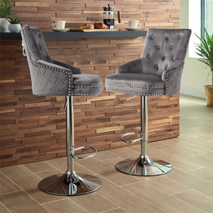 Luxury Velvet Lion Knocker Quilted Back Dining Chair Black Grey Tall Bar Stool