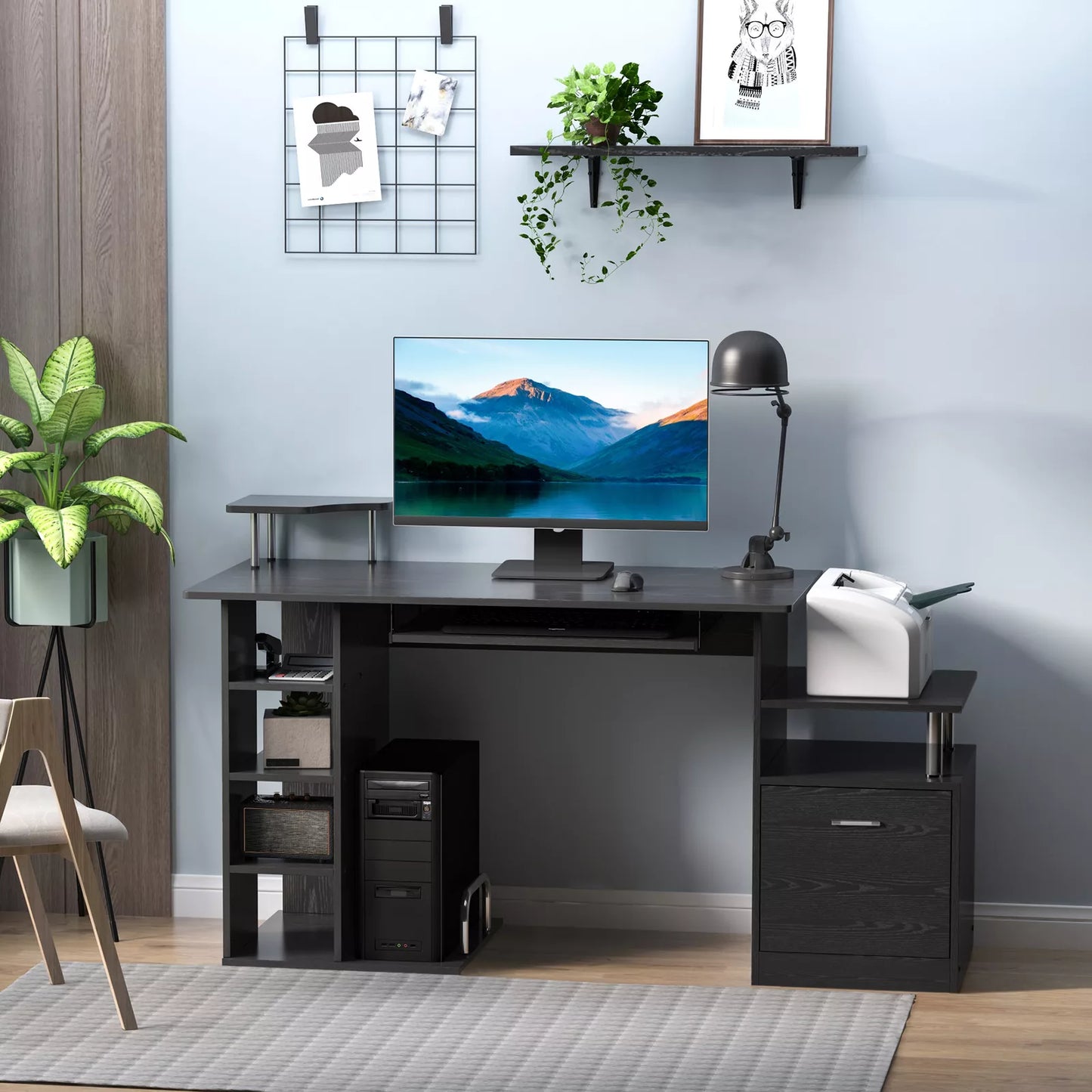 Modern Office Table Wooden Computer Work Desk Study Shelf Storage PC Rack Black