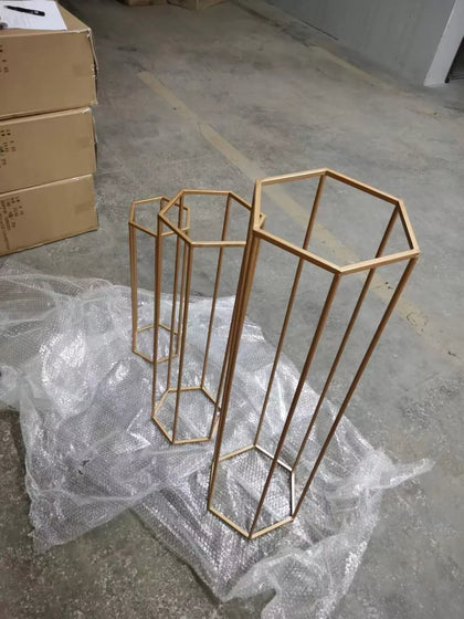60,80,100cm Set of 3 Gold hexagon Metal Flower Stand Pedestal Plinth QT05400