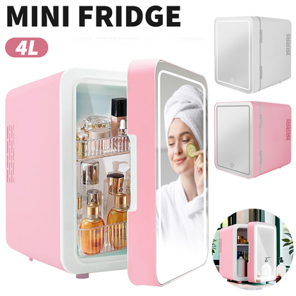 4L Mini Fridge with Light Mirror Portable Cooler Warmer Table Top Bedroom Makeup
