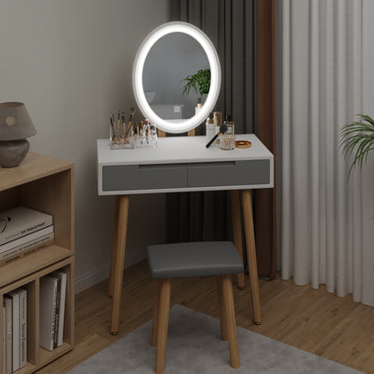 Modern Dressing Table Set with Light Mirror Stool Makeup Desk with Drawer Grey