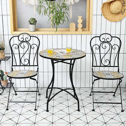 3 Piece Patio Bistro Set Mosaic Metal Dining Set Garden Table and Folding Chairs