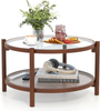Round Coffee Table Glass Top Rattan Shelf Wooden Frame Living Room Centre Table