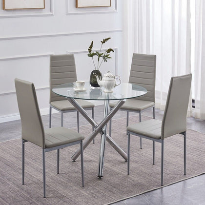 4pcs Grey PU Leather Dining Chairs & Round Clear Glass Dining Table Dining Set