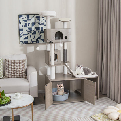 2-in-1 Modern Tall Cat Tower Hidden Litter Box Enclosure Furniture w/Sisal Posts