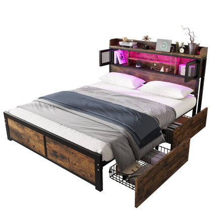 4FT6 DOUBLE BED FRAME WITH LED, CHARGING STATION, STORAGE HEADBOARD & DRAWERS