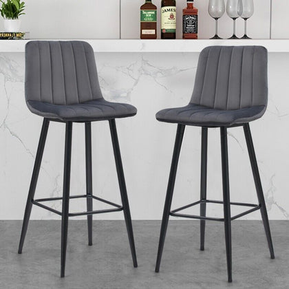 2 Pcs Grey Bar Stools Velvet Seat Metal legs 65 cm seat high Stools Chair Stripe