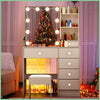Drawer Stool Dressing Table Vanity Makeup Desk & Adjustable Led Lighted Mirror