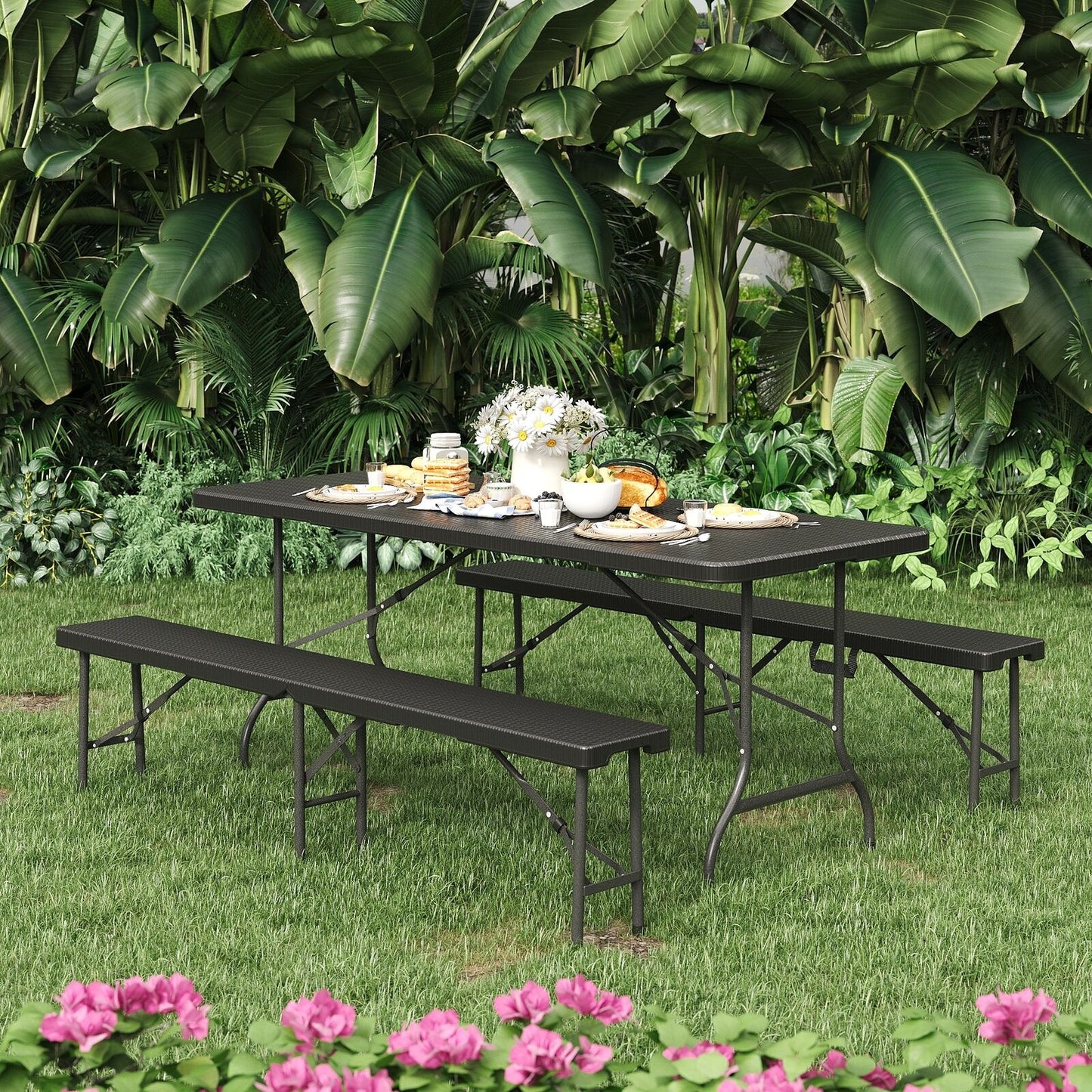 Rattan Garden Dining Table and Chairs Set Folding Camping BBQ Picnic Table Bench
