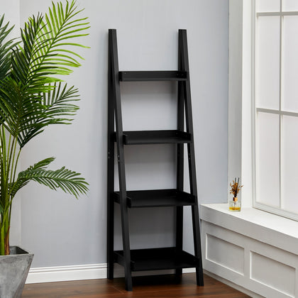 4 Tier Ladder Shelf Storage Shelving Unit Wooden Bookcase Plant Display Black