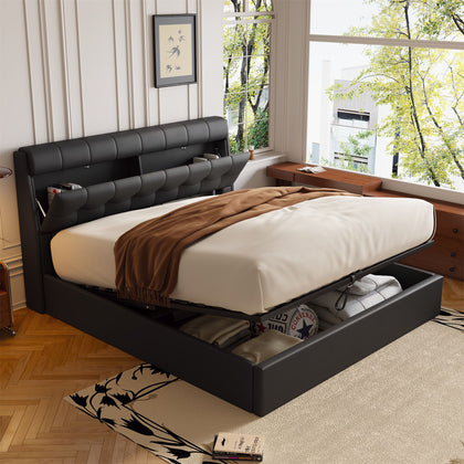 4ft6 Double Ottoman Gas Lift Up Upholstered Bed Frame W/ Storage Headboard Black