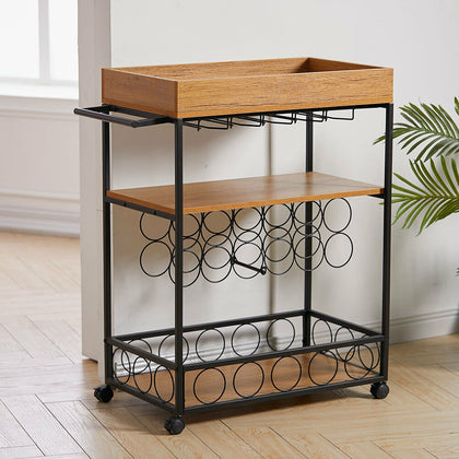 3 Tier Kitchen Trolley Wheeled Rolling Cart Wine Bottle Storage Rack With Handle