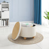 Round Stool with Storage Space Footstool Linen Cover Padded Ottoman Wood Legs