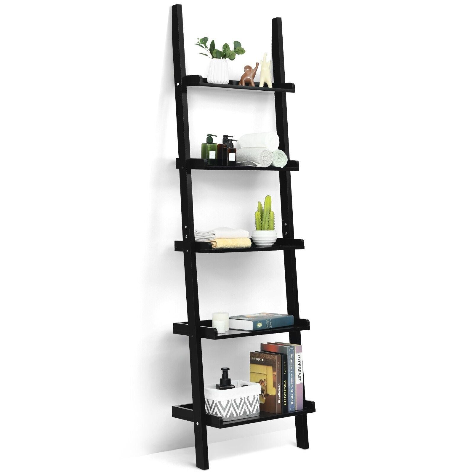 Mdf Ladder Rack Display 5 Tier Wooden Wall Rack Leaning Ladder Shelf Unit Bookcase Display MDF ...