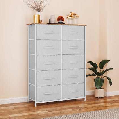 10-Drawer Fabric Storage Organizer, Wood Top, Steel Frame, Dresser