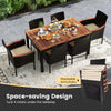 7 PCS PE Rattan Outdoor Patio Dining Set 6 Stackable Chairs Acacia Wood Table