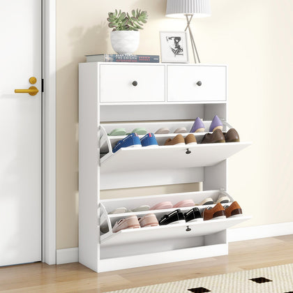 Large Shoe Cabinet Shoe Rack Storage Cupboard Unit 2 Drawer Wooden Modern White
