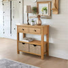 Solid Oak Console Table With 2 Seagrass Storage Draws Pre Assembled