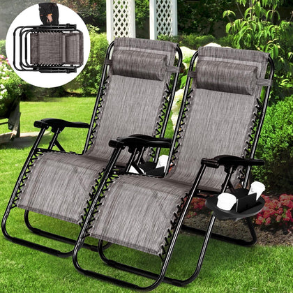 2 PCS Zero Gravity Folding Lounge Beach Chairs Outdoor Recliner in Dark Grey