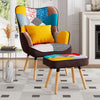 Linen Armchair Upholstered Patchwork Fabric Accent Chair Padded Sofa with Stool