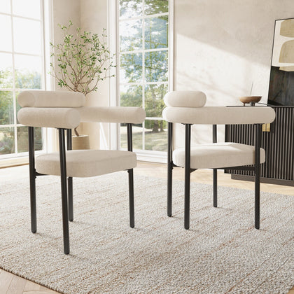 Modern Dining Chairs set of 2 Cream Faux Suede Upholstered Padded Seat Armchairs