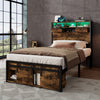 Double Bed Frame Industrial Metal Platform Bed with Headboard & Storage Space
