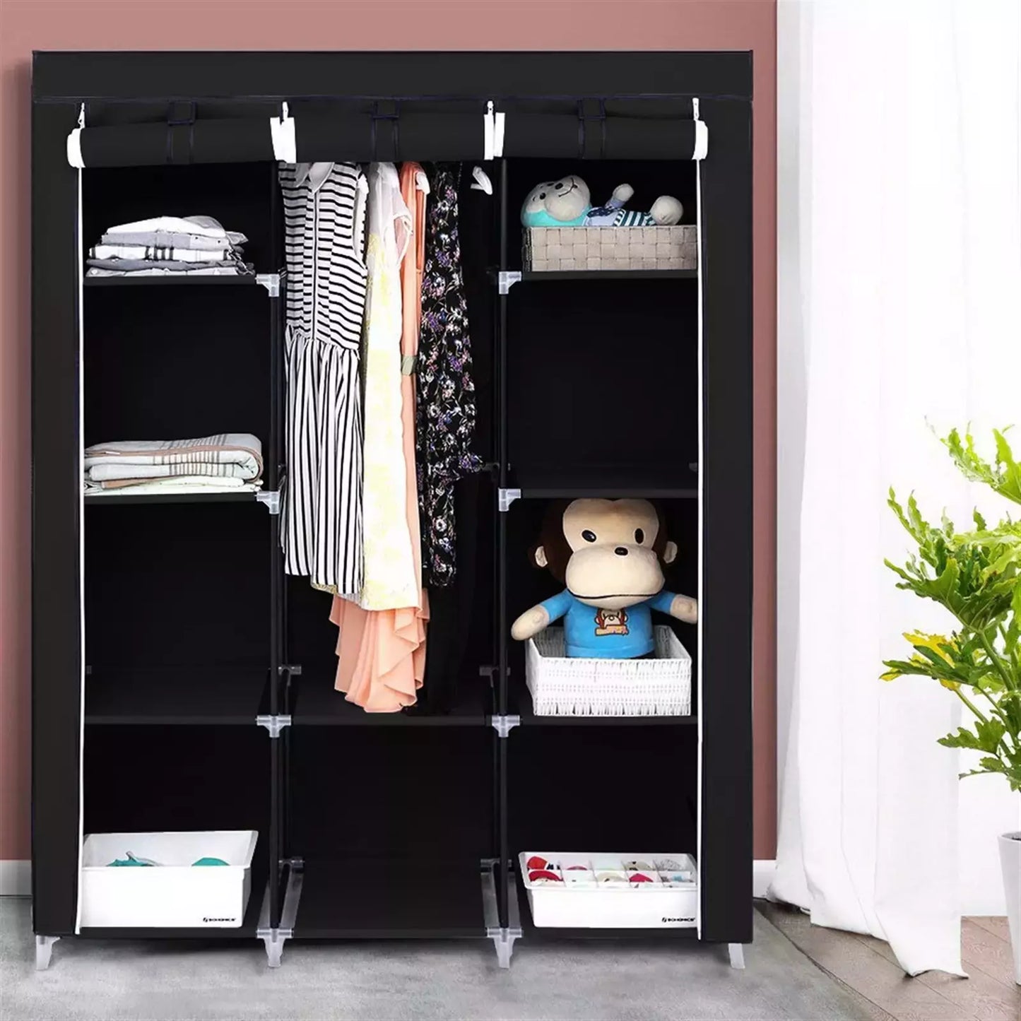 Large Canvas Fabric Wardrobe With Hanging Rail Shelving Clothes Storage Cupboard
