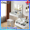 Vanity Desk with Mirror Lights Glass Top Dressing Table w/ 2 Drawers & Stool UK