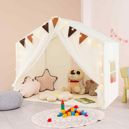 3-4 Kids Large Play Tent House Kids Play w/Star Lights-Beige