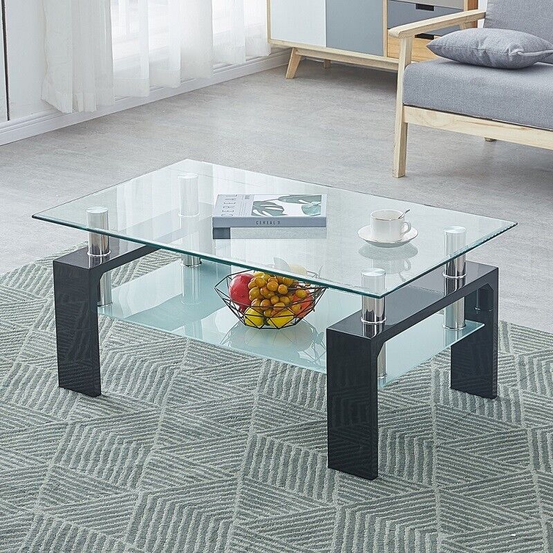 Modern Black Glass Coffee Table MDF Shelf Storage Living Room Rectangular