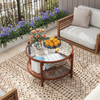 Round Coffee Table Glass Top Rattan Shelf Wooden Frame Living Room Centre Table