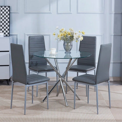 4pcs Grey PU Leather Dining Chairs & Round Clear Glass Dining Table Dining Set