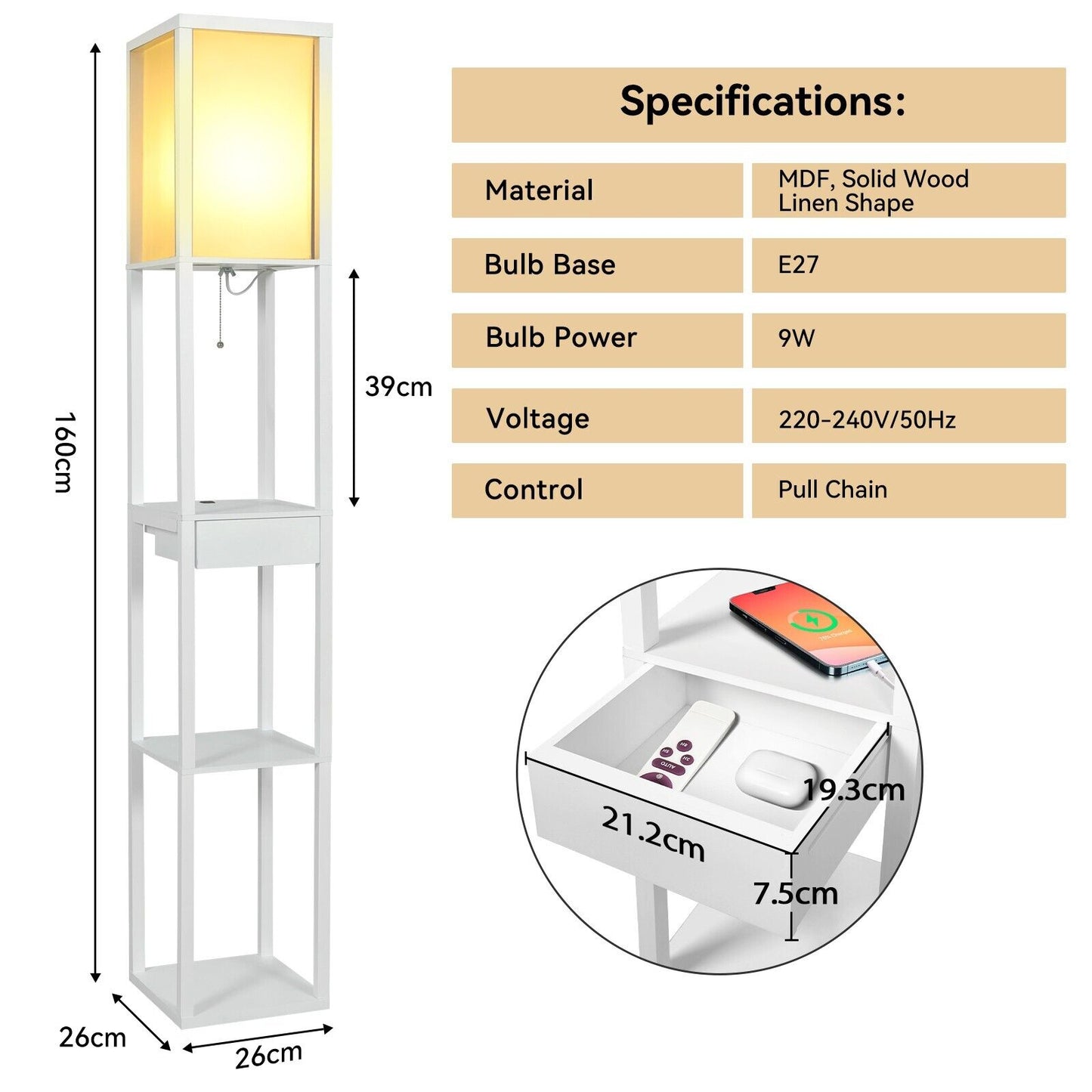 Wood Floor Lamp Modern Standing Light with Shelves USB Charging Port Drawer Bulb