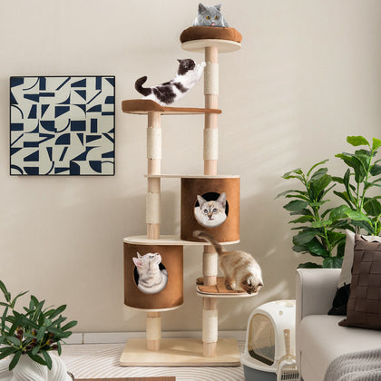 190CM Modern Cat Tree Rubber Wood Cat Tower Activity Center w/Scratching Post