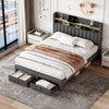 Double Bed Frame with 2 Storage Drawers, Charging and Lighting Headboard Grey