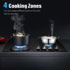 4 Burners Gas Hob 60cm Black Tempered Glass NG/LPG Convert With Iron Pan Hgpdeoa