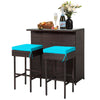 3 Piece Outdoor PE Rattan Bar Set Bar Table 2 Bar Stools Bistro Set with Cushion