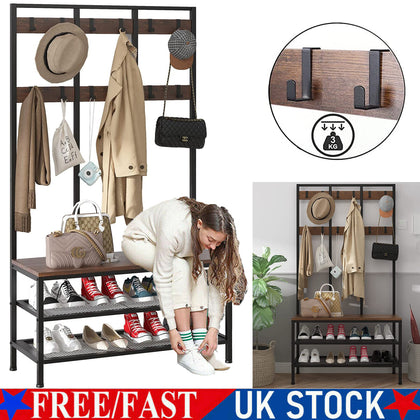 Large Rustic Coat Rack Stand Hall Tree with 12 Hooks and Shoe Bench Metal Frame