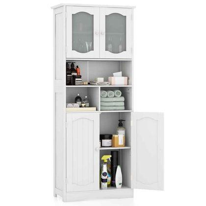 148cm Tall Bathroom Cabinet Freestanding Storage Cabinet with Glass Doors White