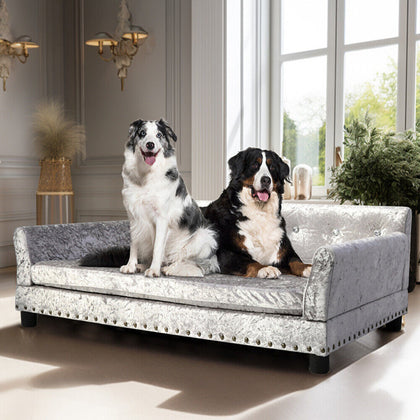 Large Crushed Velvet Dog Sofa Bed Elevated Tufted Pet Couch Bed Snuggle Lounger