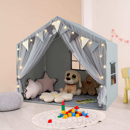 3-4 Kids Large Play Tent House Kids Play Tent w/Star Lights-Grey