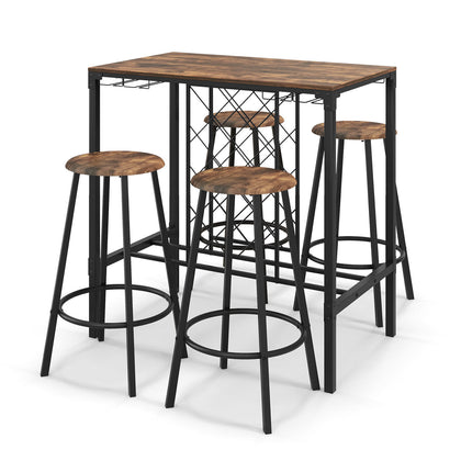 5Pcs Bar Height Kitchen Dining Set Bar Table Stool Set w/Wine Racks Glass Holder