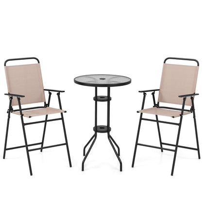 3PCS Outdoor Bistro Set Patio Folding Chairs Round Bar Table w/4CM Umbrella Hole