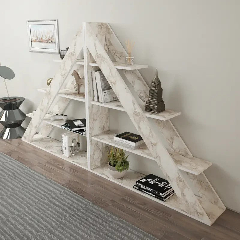4-Tier Marble Effect Corner Shelf – Modern Geometric Ladder Bookcase ...