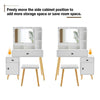White Mirrored Dressing Table Set Makeup Desk Stool Cabinet Romovable Wood Legs