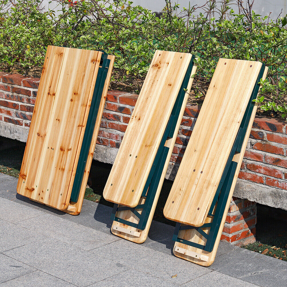 3pcs Garden Folding Table Chair Set Beer Table Wooden Bench Trestle Dining Seat